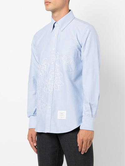 Thom Browne Floral-embroidered Long-sleeve Shirt In Blau