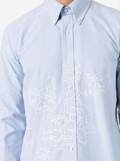 Thom Browne Floral-embroidered Long-sleeve Shirt In Blau