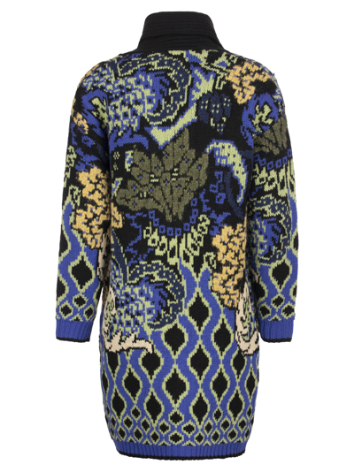 Shop Etro Long Cardigan With Floral Motifs In Blue/black