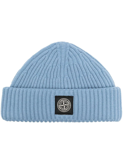 Shop Stone Island Compass-motif Ribbed Beanie In Blue