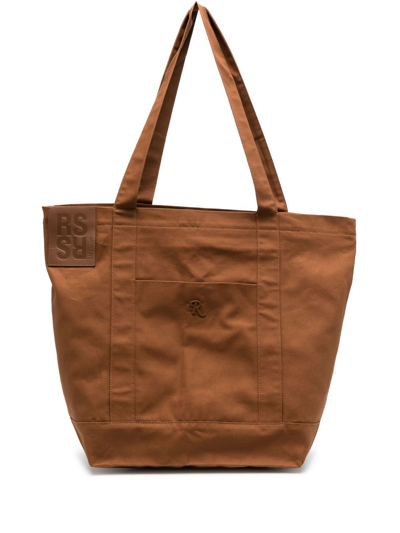 Shop Raf Simons Logo-plaque Cotton Tote Bag In Brown