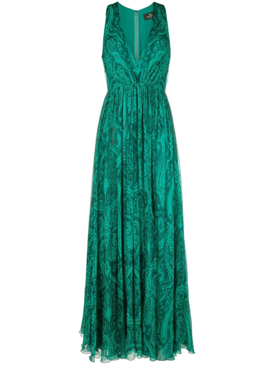 Shop Etro Paisley-print Silk Maxi Dress In Grün