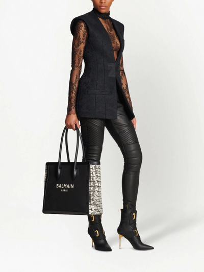 Balmain B-army 42 Canvas Tote Bag With Leather Inserts In Black