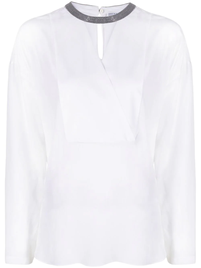 Shop Brunello Cucinelli Embellished Collar Silk Blouse In Weiss