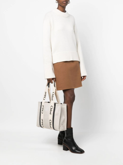 Chloé Medium Woody Logo Tote Bag In Weiss | ModeSens