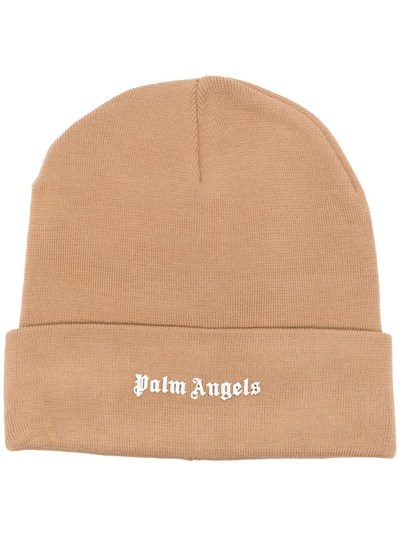 Shop Palm Angels Logo-print Knit Beanie In Nude