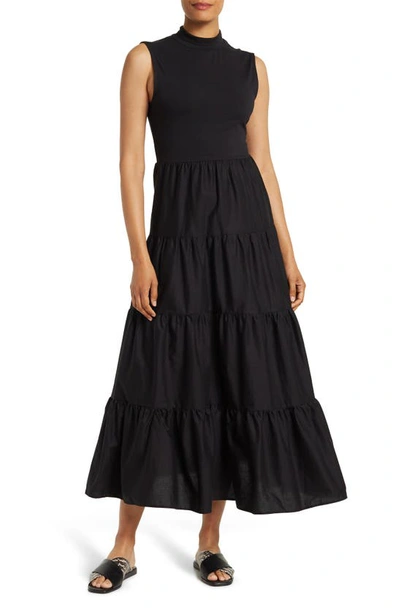 Shop Love By Design Leslie Mock Neck Sleeveless Tiered Maxi Dress In Black
