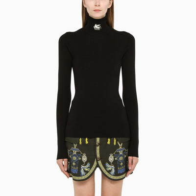 Shop Etro Black Turtleneck Sweater With Logo Embroidery