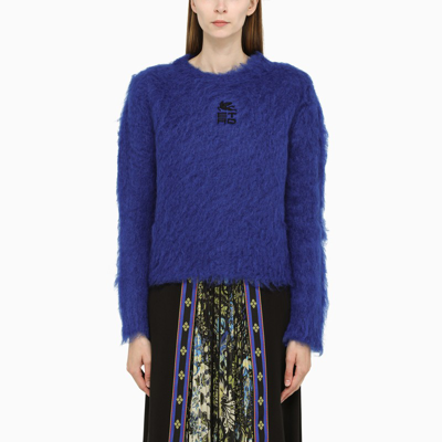 Shop Etro Blue Mohair Sweater With Logo Embroidery