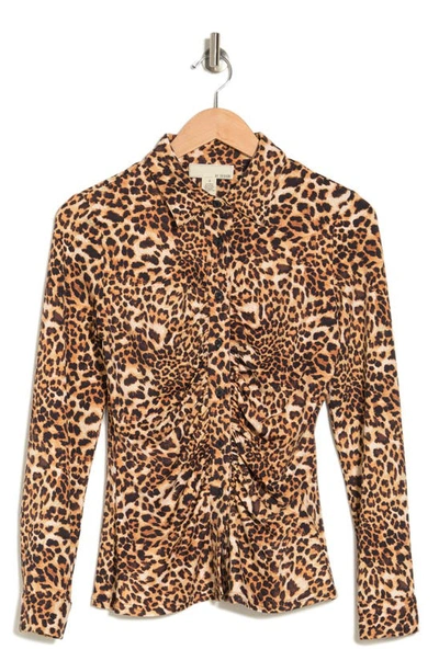 Shop By Design Carla Ruched Button-up Blouse In Basic Cheetah