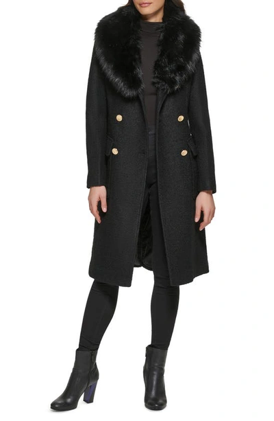 Shop Guess Removable Faux Fur Collar Wool Blend Double Breasted Walker Coat In Black