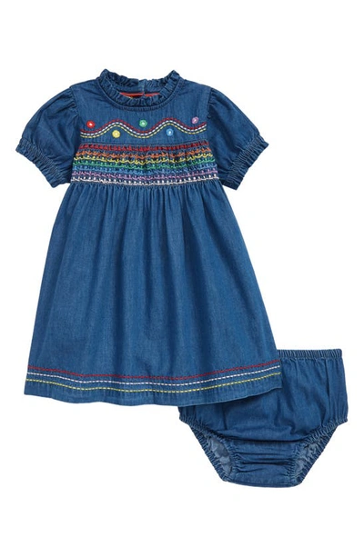 Shop Mini Boden Rainbow Embroidered Smocked Chambray Dress & Bloomers In Mid Chambray