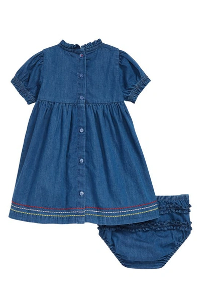 Shop Mini Boden Rainbow Embroidered Smocked Chambray Dress & Bloomers In Mid Chambray