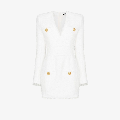 Shop Balmain White Long Sleeve Bouclé Mini Dress