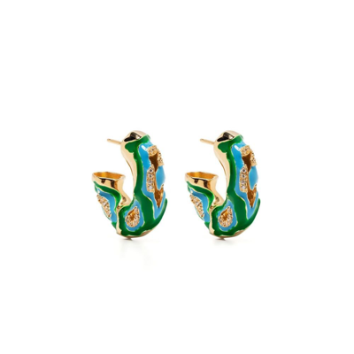Shop Bottega Veneta Gold-plated Camo Enamel Crystal Hoop Earrings In Green