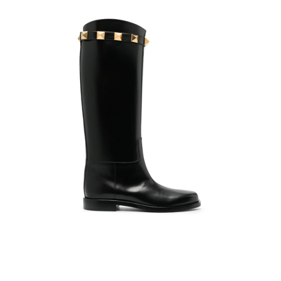 Shop Valentino Black Roman Stud Leather Knee-high Boots