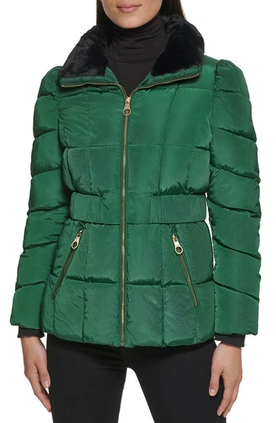 Shop Guess Faux Fur Trim Water-resistant Puffer Jacket In Pine