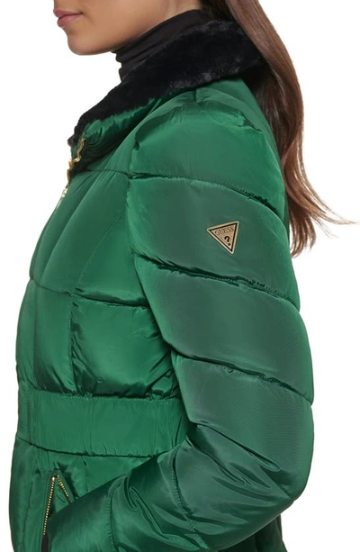 Shop Guess Faux Fur Trim Water-resistant Puffer Jacket In Pine