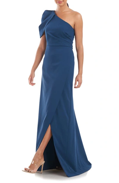 Shop Kay Unger Briana One-shoulder Draped Gown In Ink