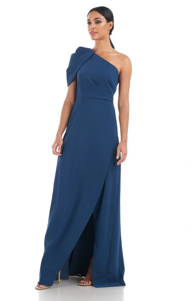 Shop Kay Unger Briana One-shoulder Draped Gown In Ink