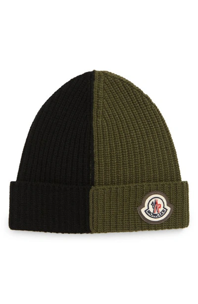 Moncler Bi-colour Ribbed Wool Beanie Hat In Green | ModeSens