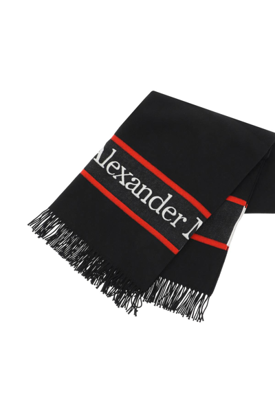 Shop Alexander Mcqueen Wool Blanket-scarf With Logo In Black