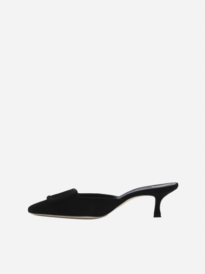 Shop Manolo Blahnik Maysale Suede Mules With Decorative Buckle In Black