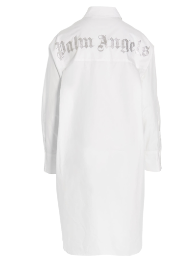 Shop Palm Angels Logo Rhinestones Shirt Dress In White