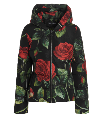 Shop Dolce & Gabbana Rose Print Hooded Puffer Jacket In Black