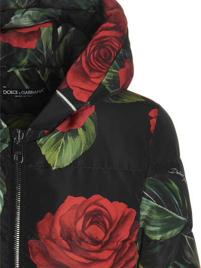 Shop Dolce & Gabbana Rose Print Hooded Puffer Jacket In Black