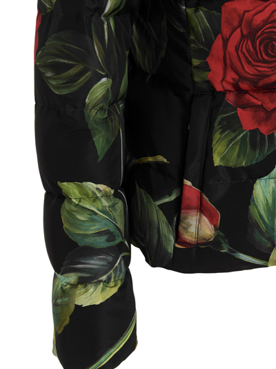Shop Dolce & Gabbana Rose Print Hooded Puffer Jacket In Black