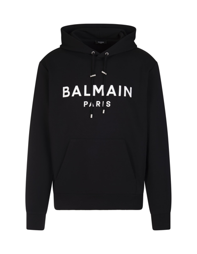 Shop Balmain Man Black Hoodie With Contrast Logo In Noir Blanc