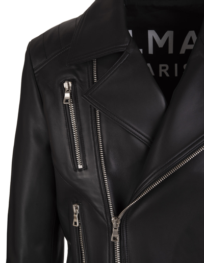 Shop Balmain Man Biker In Black Leather With Decentralized Zip In Noir
