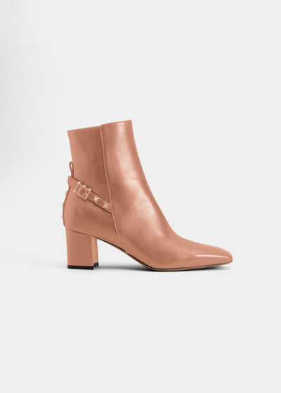 Shop Valentino Rockstud Leather Block-heel Booties In Gf9 Rose Cannelle