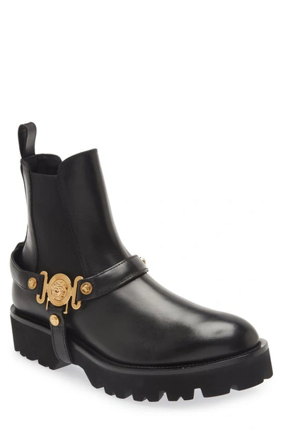 Shop Versace Biggie Medusa Harness Chelsea Boot In Black- Gold