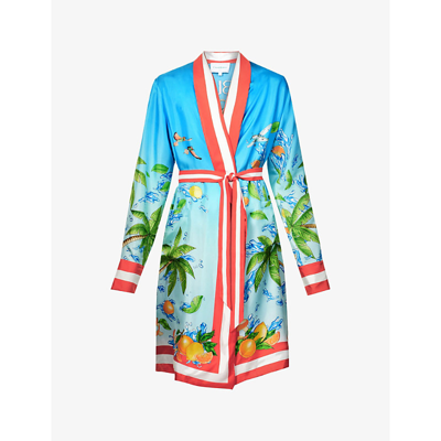Shop Casablanca Graphic-print Shawl-collar Silk Robe In Multi