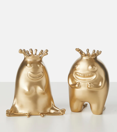 Shop L'objet King And Queen Set Of 2 Candle Holders In Gol