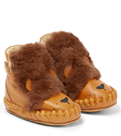 Shop Donsje Baby Kapi Faux Fur And Leather Booties In Camel Classic Leather