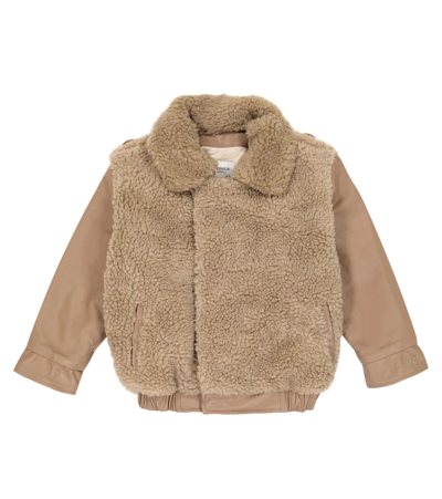 Shop Donsje Yuki Teddy-paneled Leather Jacket In Beige Curly Faux Fur