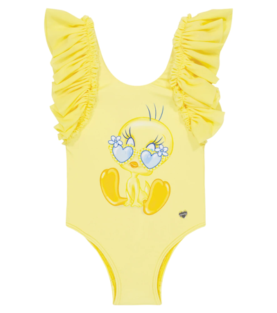 Shop Monnalisa Baby Printed Swimsuit In Giallo Chiaro