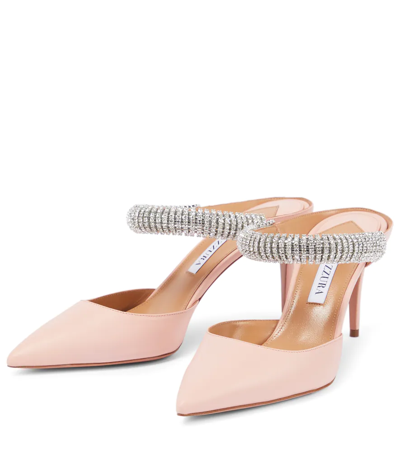 Shop Aquazzura Micca 75 Embellished Leather Mules In Mademoiselle Pink