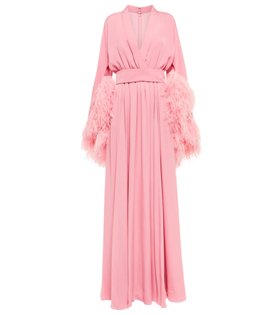 Shop Elie Saab Feather-trimmed Silk Gown In Eden Rose