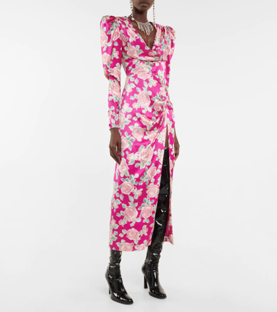 Shop Alessandra Rich Floral Draped Silk Satin Maxi Dress In Fuchsia-pink