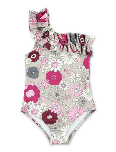 Shop Douuod Floral Print Swimsuit In Beige/pink
