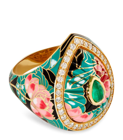 Shop L'atelier Nawbar Yellow Gold And Diamond Chinoiserie Bond Ring In Green