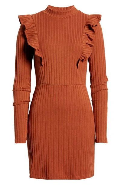 Shop Lost + Wander New Love Long Sleeve Rib Minidress In Cognac