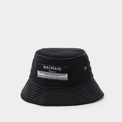 Shop Balmain Satin&label Bucket Hat In Black