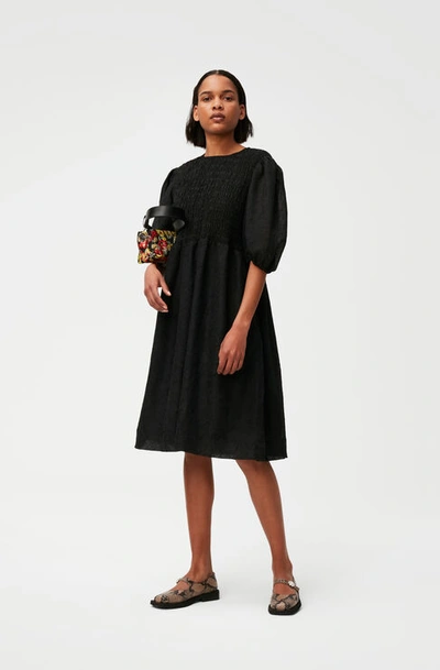 Shop Ganni Balloon Sleeve/short Sleeve Crinkled Georgette Midi Dress In Black