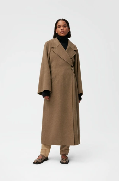 Shop Ganni Long Sleeve Long Wool Coat In Petrified Oak