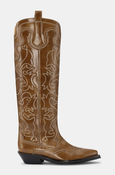 Shop Ganni Knee-high Embroidered Western Boots In Beige